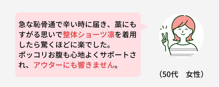 （50代　女性）                                                                                                    
                    急な恥骨通で辛い時に届き、藁にもすがる思いで整体ショーツ凛を着用したら驚くほどに楽でした。																								
                    ポッコリお腹も心地よくサポートされ、アウターにも響きません。